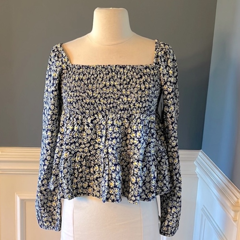Planet Gold Midnight Blue Floral Long Sleeve Smocked Tiered Peplum Top Womens S